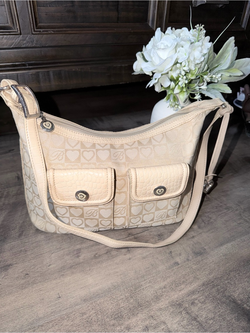 Brighton Y2K Cream Heart Jacquard Shoulder Bag with Front Flap Pockets